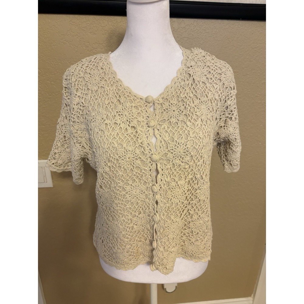 Silk Exchange Short Sleeve Button Down Crochet Knit Cardigan, XL, Cottagecore,